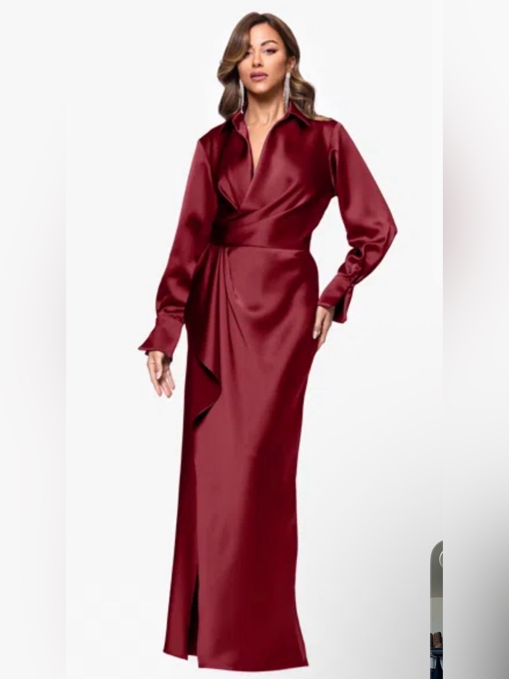 XSCAPE EMERY" SATIN LONG SLEEVE COLLARED DRESS Wrap Satin Shirt Sz 4 color wine - Picture 3 of 12